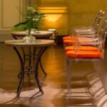 Bistrô Baixo Base Bambu Ferro Cinza com Tampo Espelho Friso Dourado