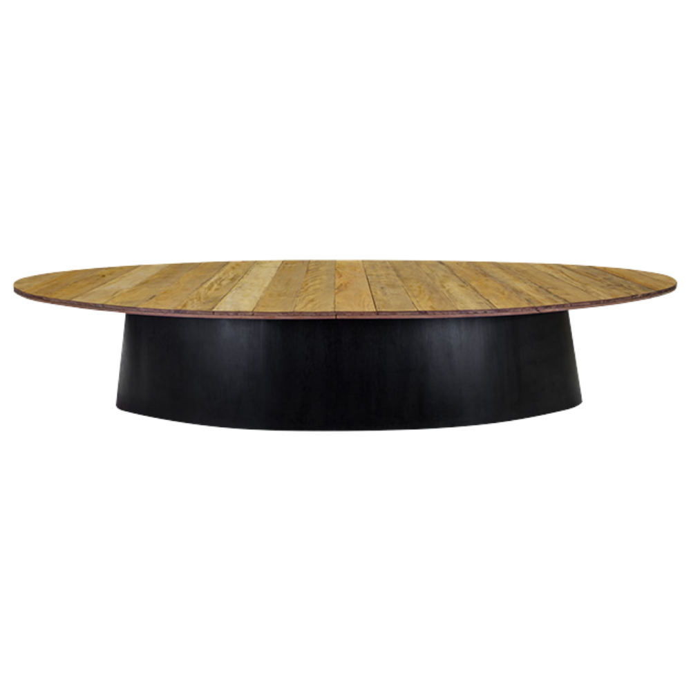 Mesa Design Oval com Base Preta e Tampo em Madeira de Demolição