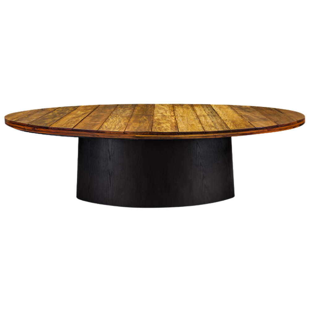 Mesa Design Oval com Base Preta e Tampo em Madeira de Demolição