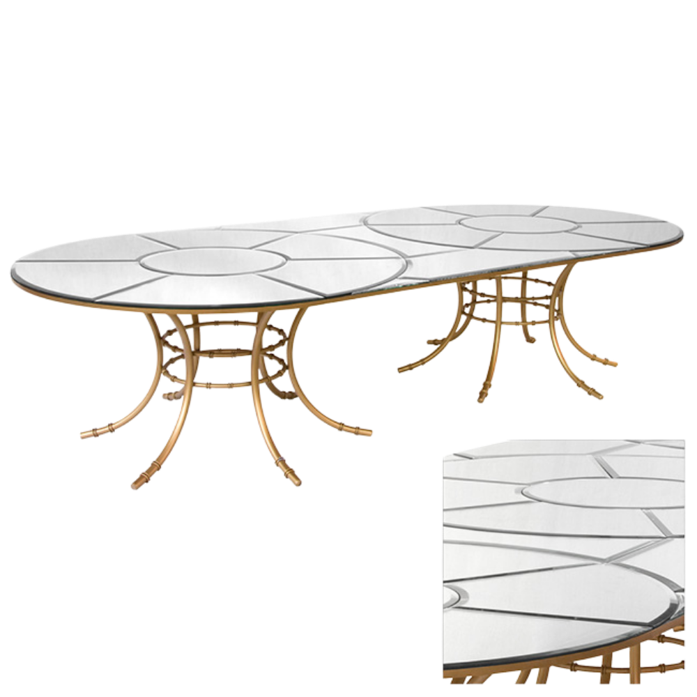 Mesa Grand Palais Oval Espelho Bisotê com Base Bambu Dourada