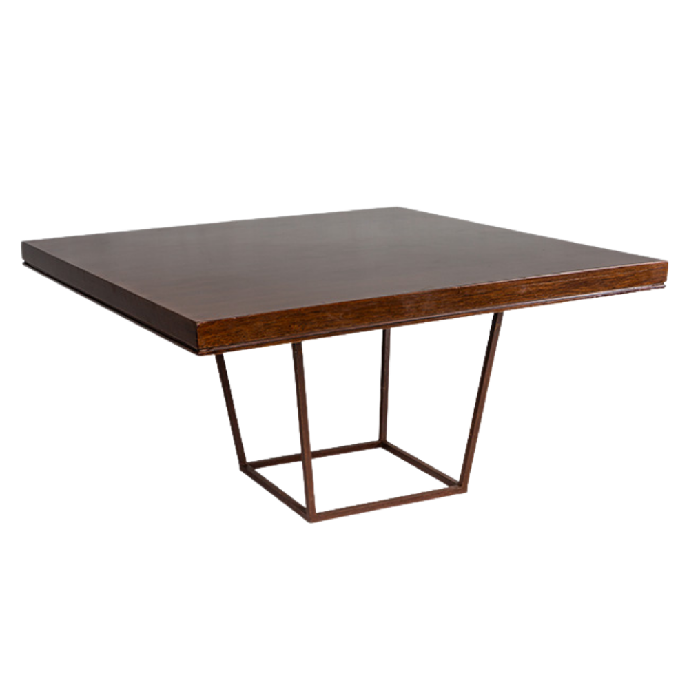 Tampo Quadrado Madeira com Base Trapézio Ferro Envelhecido