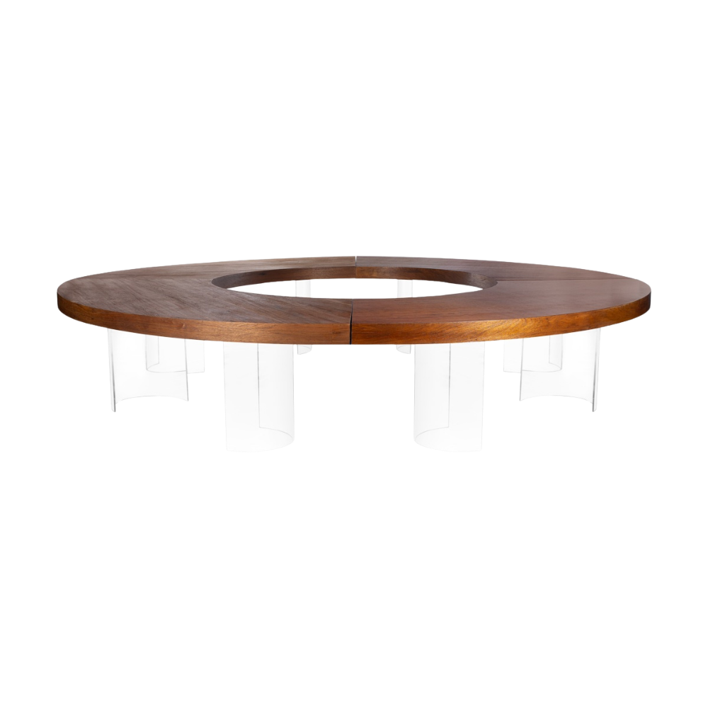 Tampo Curvo Madeira Natural com Base Curva Cristal - Composição Mesa Redonda