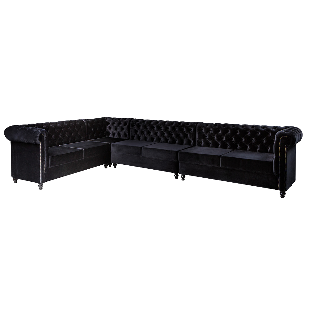 Sofá Chesterfield Veludo Preto em "L"