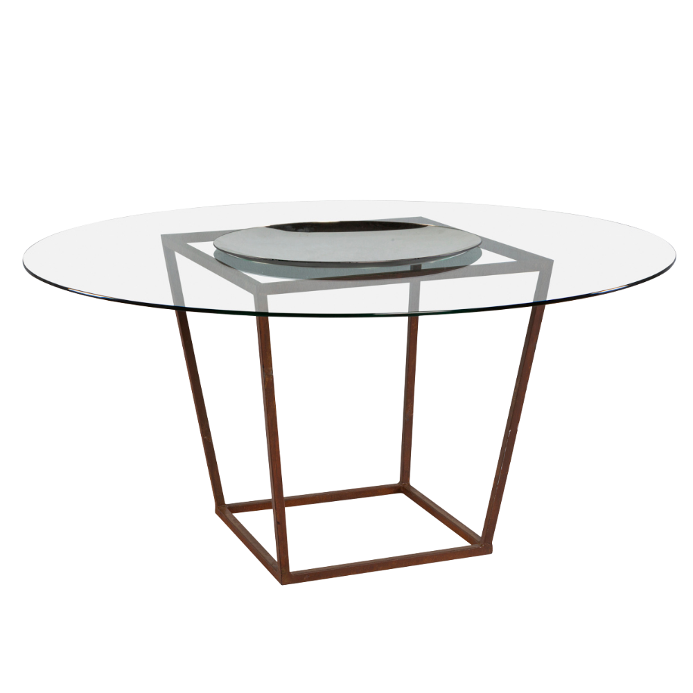 Tampo Vidro com Furo e Centro Espelho Côncavo com Base Trapézio Ferro Envelhecido