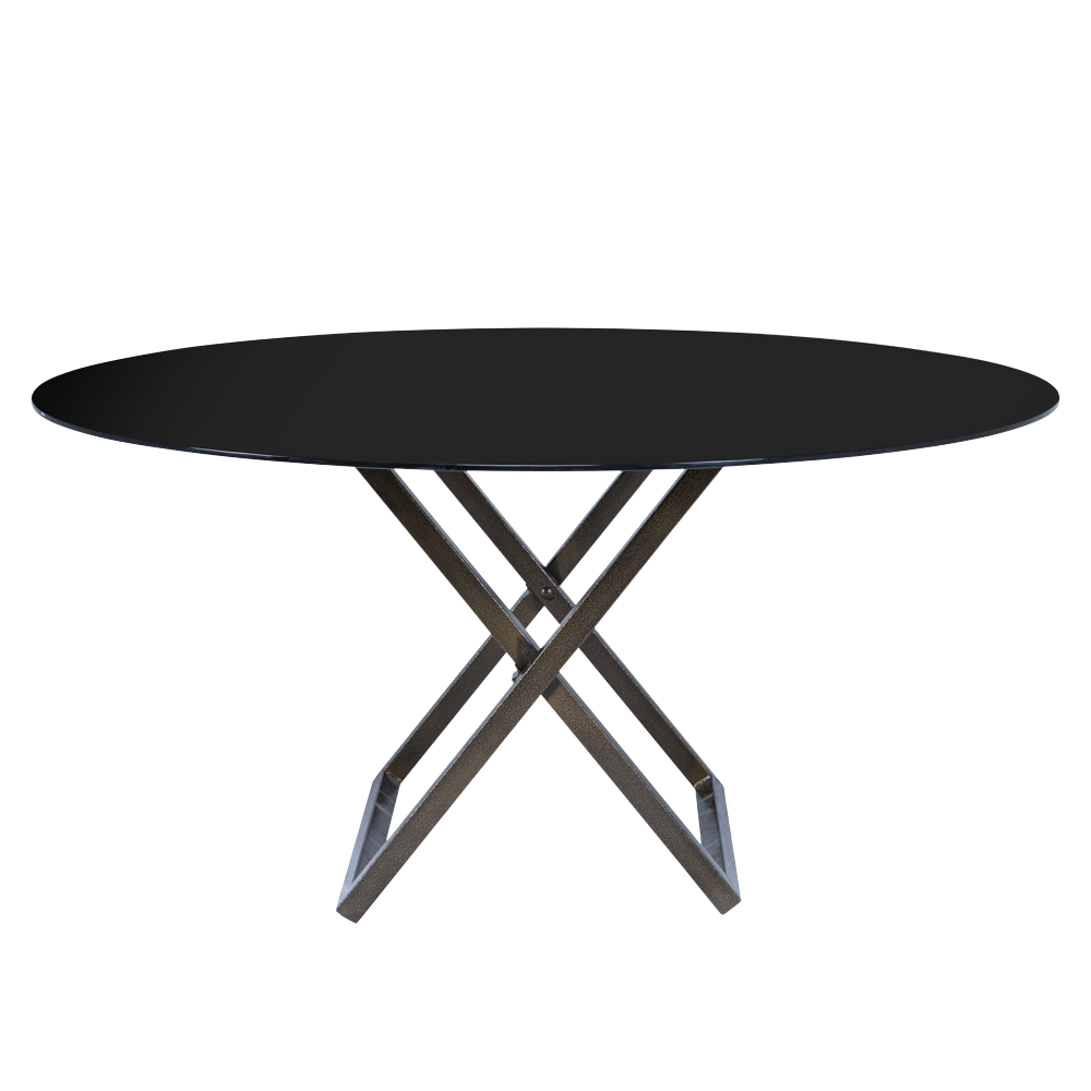 Tampo de Vidro Preto com Base "X" Ferro Dourado Envelhecido