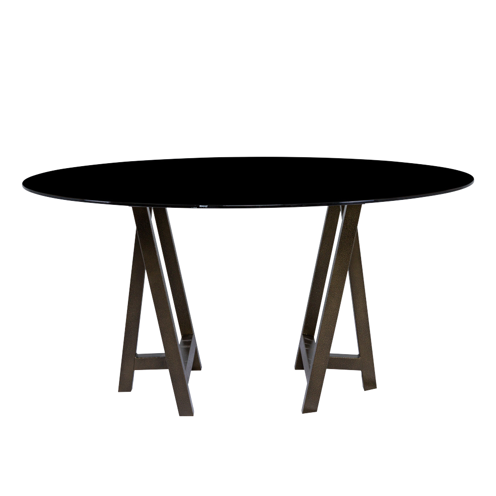 Tampo de Vidro Preto com Base Cavalete Ferro Dourado Envelhecido