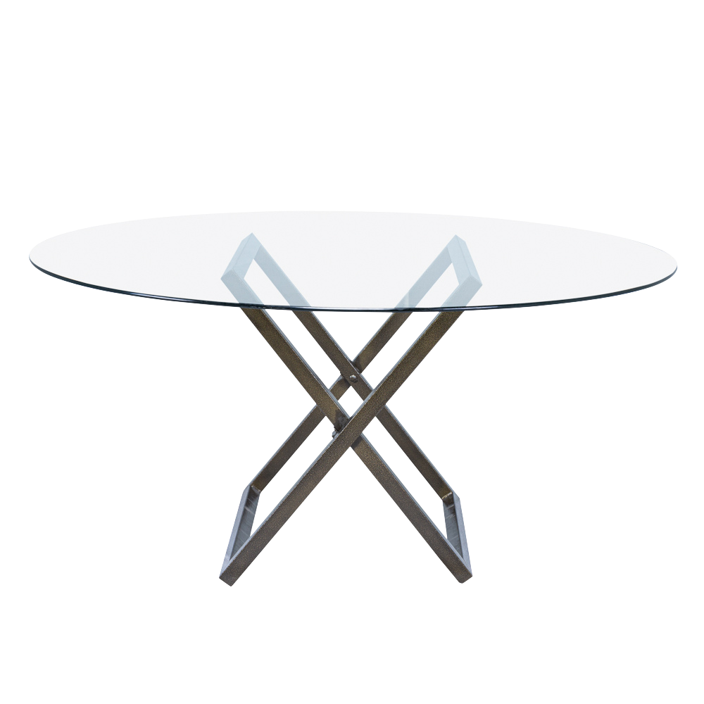 Tampo de Vidro Transparente com Base "X" Ferro Dourado Envelhecido