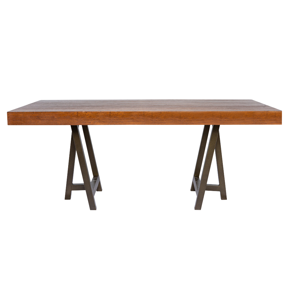 Tampo Retangular Madeira Natural com Base Cavalete Ferro Dourado Envelhecido