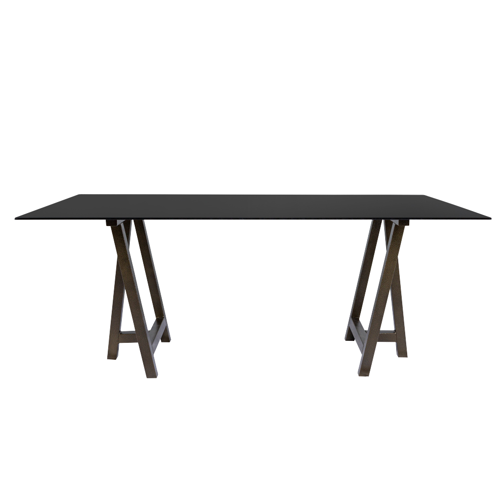 Tampo de Vidro Preto com Base Cavalete Ferro Dourado Envelhecido