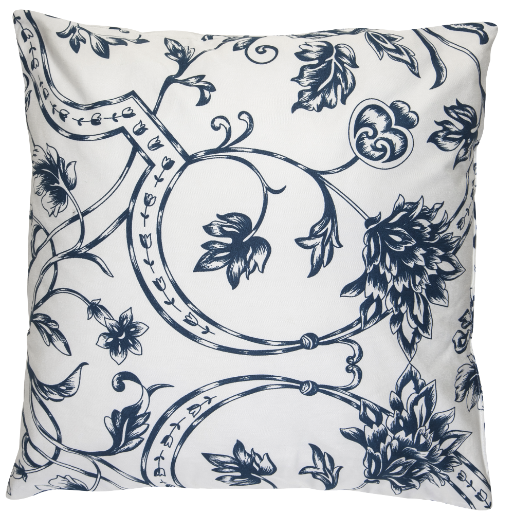 Almofada Sarja Floral Azul Marinho e Branco