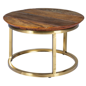 Mesa de Centro Dubai Ouro com Tampo em Madeira Demolição - 0,60 diâmetro x 0,43h