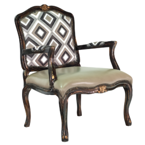 Poltrona Estilo Madeira Natural (Com Encosto Estampado e Assento Couro)