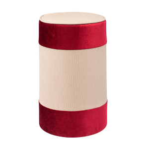 Pufe Tamborete Capa Linho Fendi com Barrado em Veludo Bordô