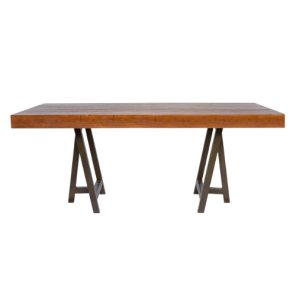 Tampo Retangular Madeira Natural com Base Cavalete Ferro Dourado Envelhecido - 2,00 x 1,00 x 0,75h