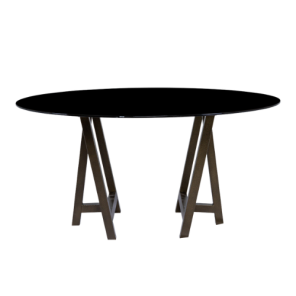 Tampo de Vidro Preto com Base Cavalete Ferro Dourado Envelhecido - 1,60m diâmetro x 0,75h