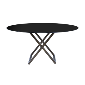 Tampo de Vidro Preto com Base X Ferro Dourado Envelhecido - 1,60m diâmetro x 0,75h