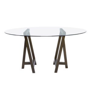 Tampo de Vidro Transparente com Base Cavalete Ferro Dourado Envelhecido - 1,60m diâmetro x 0,75h